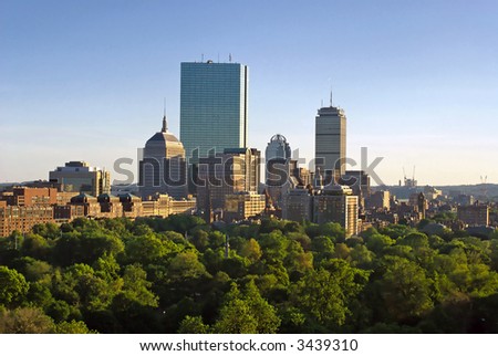 sunset in boston massachusetts on a lush spring evening, showing boston common and the back bay of copley square