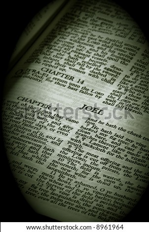 Bible Series. close up detail of antique holy bible open to the book of joel in the old testament finished in sepia