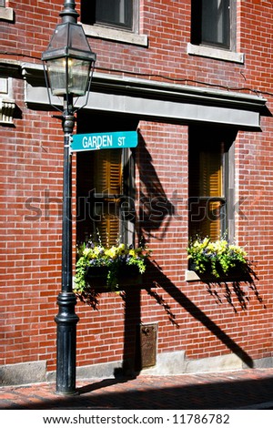 Garden street sign in bright sun light hangs from gas lamp post above two flower boxes with blooming flowers in beacon hill area of boston massachusetts