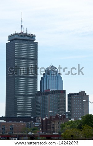 two skyscrapers tower above copley square in the back bay section of boston massachusetts