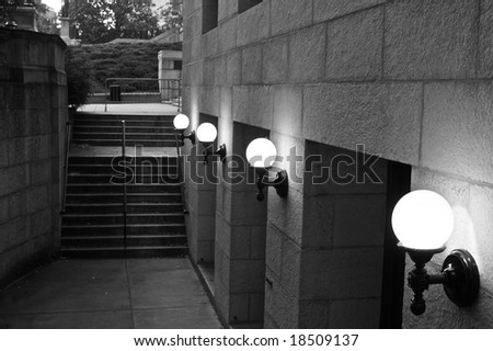 row of lights and stairs leading down into the basement of the Massachusetts state house in Boston
