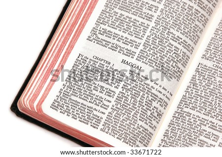 holy bible open to the book of  haggai, against a white background