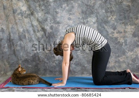 Young woman on yoga mat in  Yoga posture Marjaryasana or cat pose against a grey background in profile, facing left lit by diffused sunlight. A pet bengal cat is laying on the mat watching her.