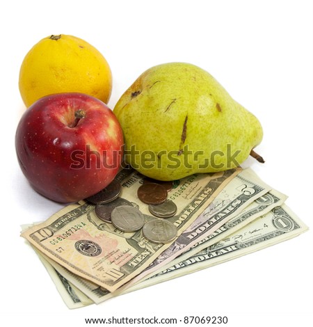 Fresh fruit on white with US currency, dollars and coins, as a concept for the rising costs of commodities, inflation, rising food costs, hunger.