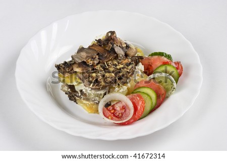 Vegetable pie and salad on the white plate isolated over grey background