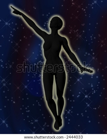 A background of stars and constellations in the night sky overlaid with the silhouette of a woman pointing upwards