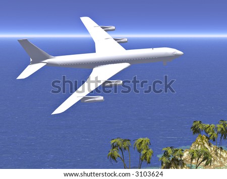 A jet plane soars over the sea and a tropical island