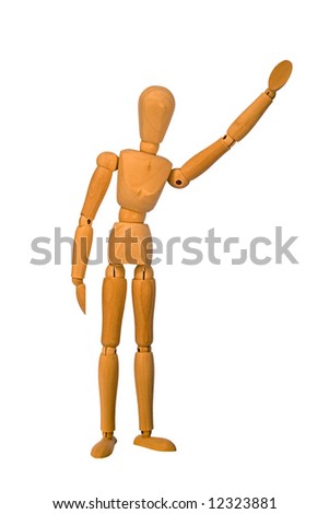 A wooden artists mannequin waving