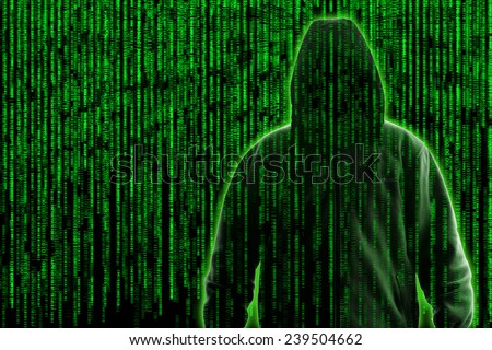 Conceptual image of a hacker on matrix background of falling green computer code digits