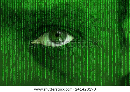 Human eye looking through raining computer code - concept for hacking and computer piracy