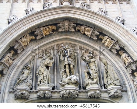Sculptural ornaments on a Gothic building in Brussels