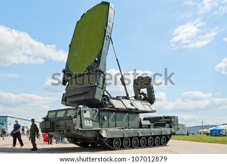 ZHUKOVSKY, RUSSIA - JULY 1: 9S19 Imbir sector surveillance radar vehicle from S-300V anti-air missile complex is displayed on the Forum ET-2012 on July 01, 2012 in Zhukovsky, Russia