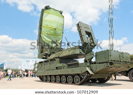 ZHUKOVSKY, RUSSIA - JULY 1: 9S19 Imbir sector surveillance radar vehicle from S-300V anti-air missile complex is displayed on the Forum ET-2012 on July 01, 2012 in Zhukovsky, Russia