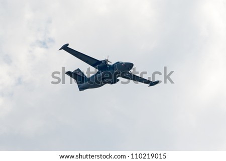 ZHUKOVSKY, RUSSIA - AUGUST 12: L-410UVP light military transport plane flies during the celebration of the centenary of Russian Air Force on August 12, 2012 in Zhukovsky, Russia