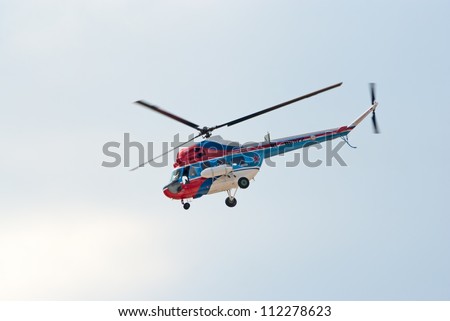 ZHUKOVSKY, RUSSIA - AUGUST 12: Mi-2 light helicopter flies during the celebration of the centenary of Russian Air Force on August 12, 2012 in Zhukovsky, Russia