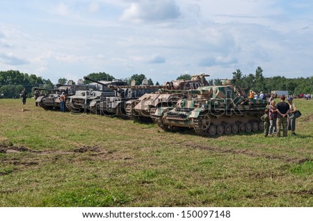 DUBOSEKOVO, RUSSIA - JULY 13: WWII German battle tanks stand in a line during Field of Battle military history festival on July 13, 2013 in Dubosekovo, Russia