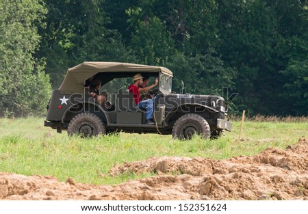 DUBOSEKOVO, RUSSIA - JULY 13:  Dodge WC jeep runs during Field of Battle military history festival on July 13, 2013 in Dubosekovo, Russia