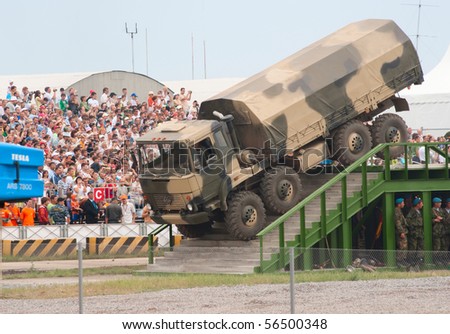 ZHUKOVSKY, RUSSIA - JULY 3: URAL military 8x8 truck runs the obstacle course on the Forum ET-2010 on July 3, 2010 in Zhukovsky, Russia