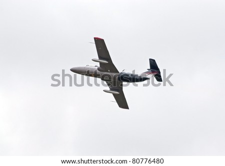TVER, RUSSIA - JULY 09: L-29 trainer jet flies during the Tver Blue Skies aviation festival on July 09, 2011 in Tver, Russia