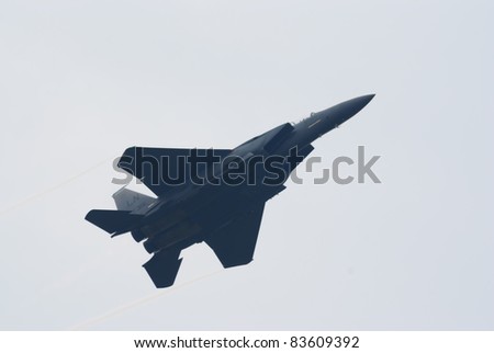 ZHUKOVSKY, RUSSIA - AUGUST 20: F-15 fighter jet flies during MAKS-2011 airshow on August 20, 2011 in Zhukovsky, Russia