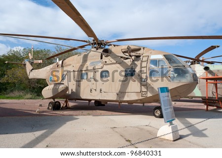 HATZERIM, ISRAEL - JANUARY 02: Sud-Aviation SA-321KB Super Frelon heavy transport helicopter is displayed in Israeli Air Force Museum on January 02, 2012 in Hatzerim, Israel