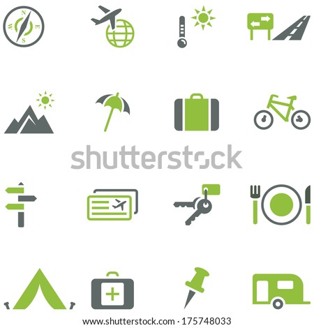 Collection of icons for travel, tourism and active recreation. All elements are on separate layers. Possible to easily change the colors and size without losing image quality.