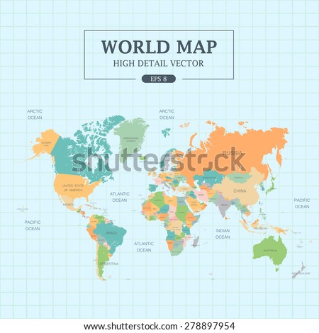 World Map Full Color High Detail . Separated all countries. Vector Illustration EPS8