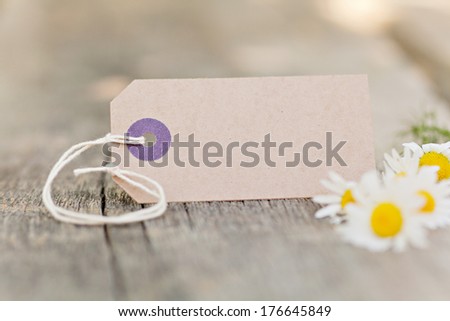 Blank Paper label outdoor with fresh chamomile flowers