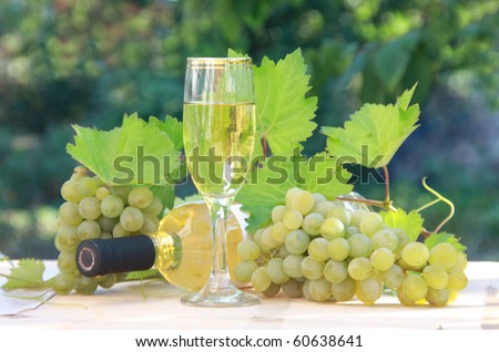 A bottle of white wine with wineglass, grapes and leaves on wooden table. Outdoor. Summer day.