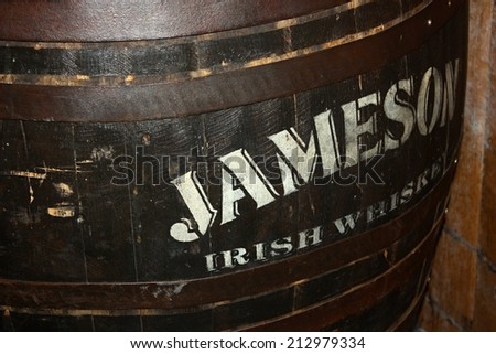 Detail of Jameson barrel in Dublin, Ireland - April 28: Jameson Irish Whiskey Barrel on April 28, 2014 in Jameson Distillery in Dublin, Ireland