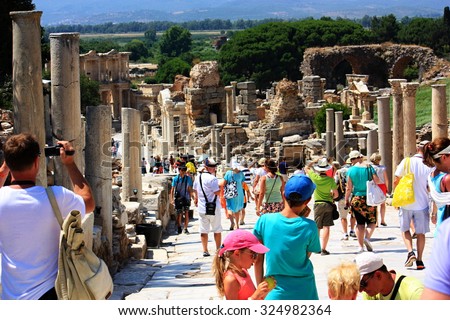EPHESUS, TURKEY - JULY 06, 2015: Many tourists visit the Library of Celsus , Ephesus, Turkey