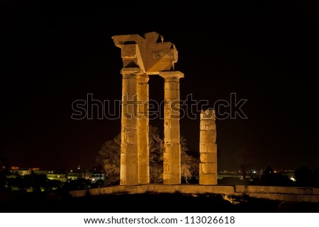 Apollo Temple at the Acropolis of Rhodes at night, Greece