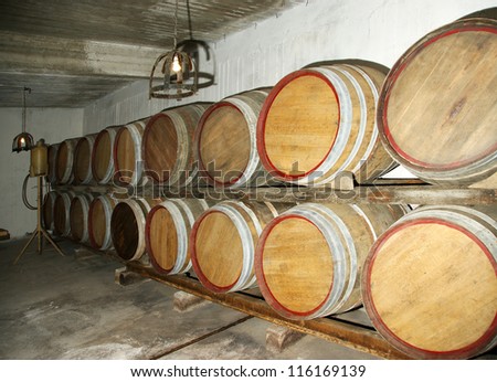 Oak barrels in which the wine matures at a winery