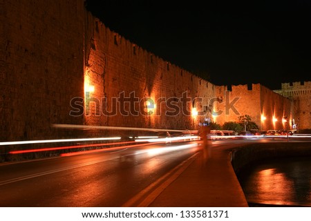 Medieval city walls in Rhodes town (night), Greece
