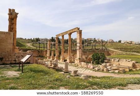 Roman ruins in the Jordanian city of Jerash (Gerasa of Antiquity), capital and largest city of Jerash Governorate, Jordan
