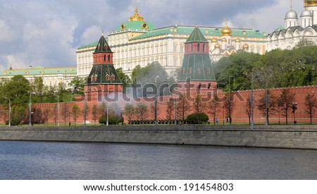 MOSCOW, RUSSIA- MAY 07, 2014: Fireworks. Rehearsal of military parade on Red Square Moscow, Russia.