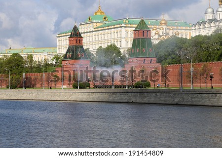 MOSCOW, RUSSIA- MAY 07, 2014: Fireworks. Rehearsal of military parade on Red Square Moscow, Russia.