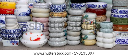 Traditional Chinese ceramic tableware at a Chinese market
