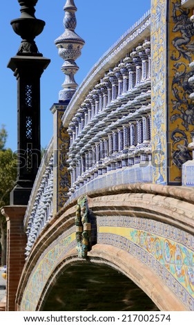 Ceramic bridge in Plaza de Espana (was the venue for the Latin American Exhibition of 1929 ) in Seville, Andalusia, Spain. Old landmark