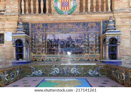 SEVILLE, SPAIN- AUGUST 27, 2014: Famous ceramic decoration in Plaza de Espana (was the venue for the Latin American Exhibition of 1929 ), Sevilla, Spain.
