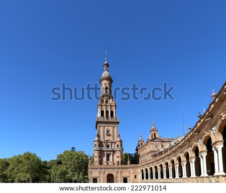 SEVILLE, SPAIN- AUGUST 27, 2014: Famous Plaza de Espana (was the venue for the Latin American Exhibition of 1929 )  - Spanish Square in Seville, Andalusia, Spain. Old landmark