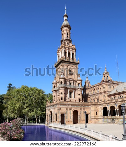 SEVILLE, SPAIN- AUGUST 27, 2014:Famous Plaza de Espana (was the venue for the Latin American Exhibition of 1929 )  - Spanish Square in Seville, Andalusia, Spain. Old landmark