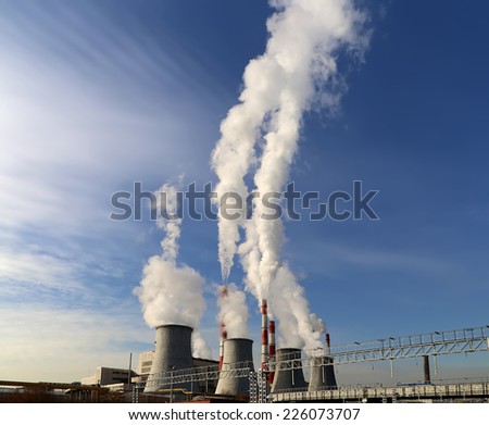Coal burning power plant with smoke stacks, Moscow, Russia
