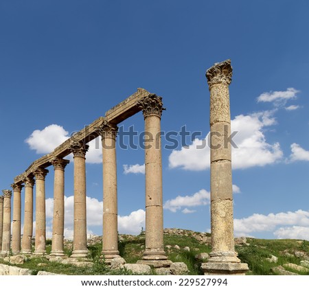 Roman Columns in the Jordanian city of Jerash (Gerasa of Antiquity), capital and largest city of Jerash Governorate, Jordan