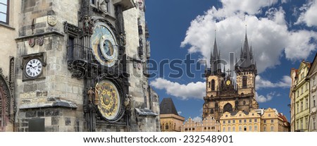 The gothic Church of Mother of God in front of Tyn and Astronomical clock in Old Town Square, Prague, Czech Republic