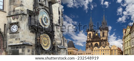 The gothic Church of Mother of God in front of Tyn and Astronomical clock in Old Town Square, Prague, Czech Republic