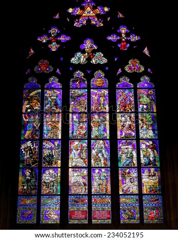 Art Nouveau painter Alfons Mucha Stained Glass window in St. Vitus Cathedral, Prague, Czech Republic