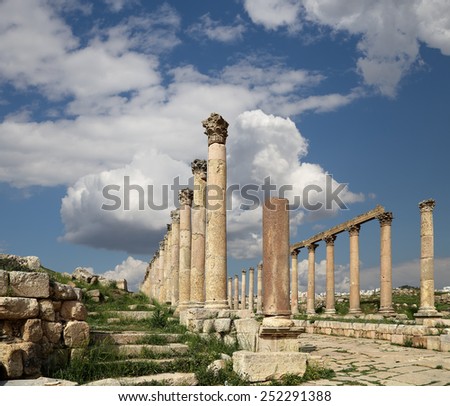 Roman Columns in the Jordanian city of Jerash (Gerasa of Antiquity), capital and largest city of Jerash Governorate, Jordan