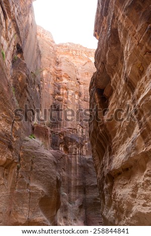 Detail of rock in the 1.2km long path (As-Siq) in the city of Petra, Jordan