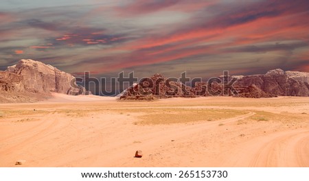 Wadi Rum Desert also known as The Valley of the Moon is a valley cut into the sandstone and granite rock in southern Jordan 60 km to the east of Aqaba
